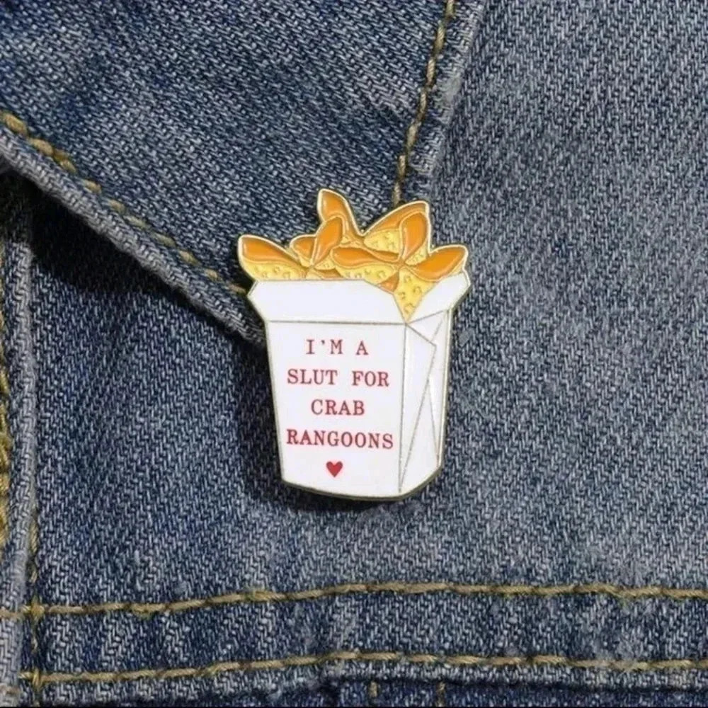 Crab Rangoon funny Chinese food enamel pin brooch white and orange purse satchel